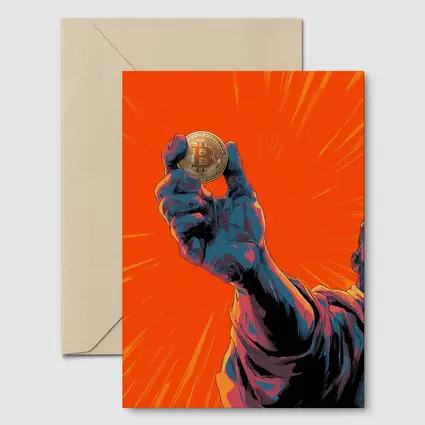 Bitcoin Coin Hand Comic Art Orange Background