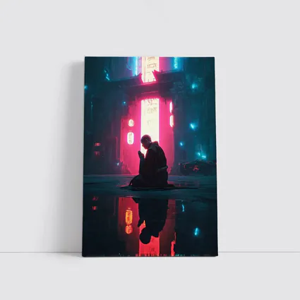 Monk Praying Neon Cyberpunk City Night