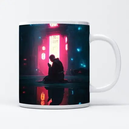 Monk Praying Neon Cyberpunk City Night