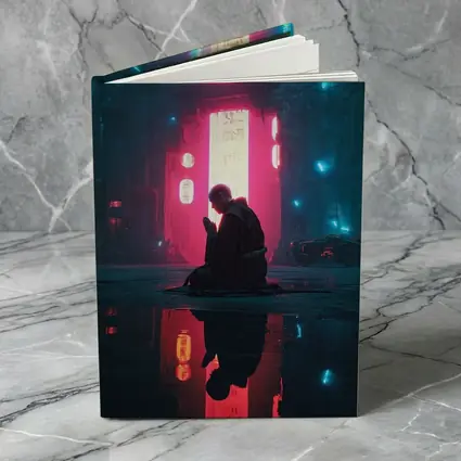 Monk Praying Neon Cyberpunk City Night