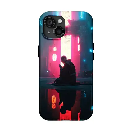 Monk Praying Neon Cyberpunk City Night