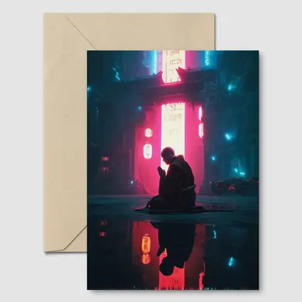 Monk Praying Neon Cyberpunk City Night