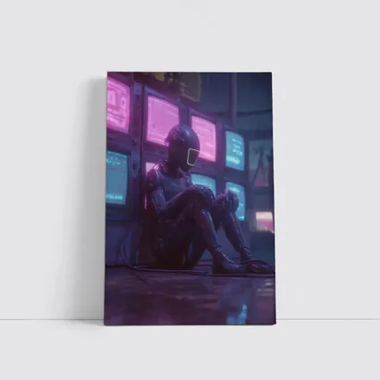 Cyberpunk Robot Sitting Among Glowing Screens