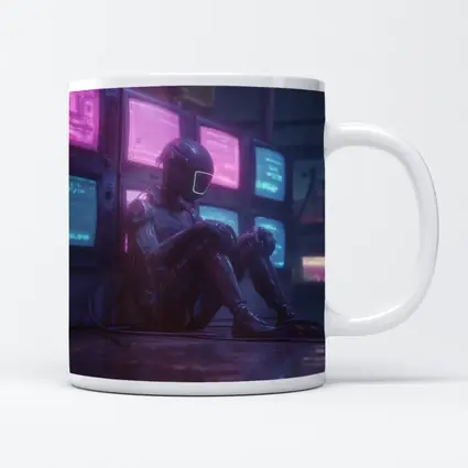 Cyberpunk Robot Sitting Among Glowing Screens