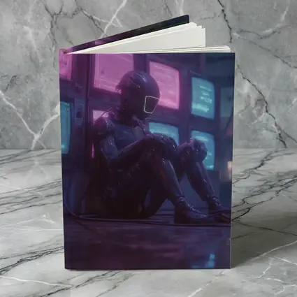 Cyberpunk Robot Sitting Among Glowing Screens