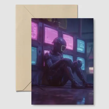 Cyberpunk Robot Sitting Among Glowing Screens