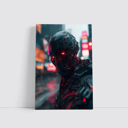 Dark Cyberpunk Robot Red Eyes City Street