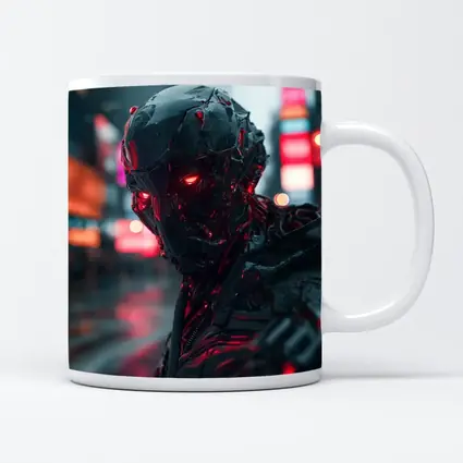 Dark Cyberpunk Robot Red Eyes City Street