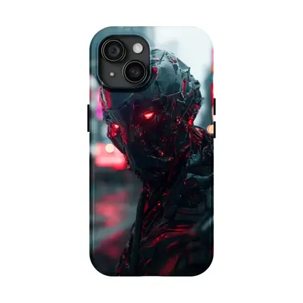 Dark Cyberpunk Robot Red Eyes City Street