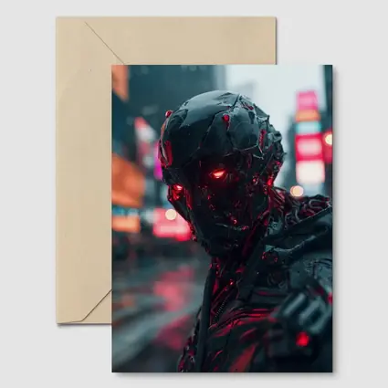 Dark Cyberpunk Robot Red Eyes City Street