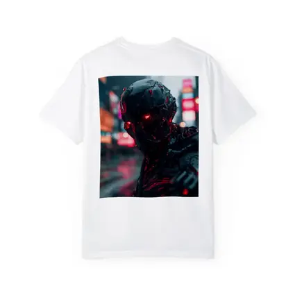 Dark Cyberpunk Robot Red Eyes City Street