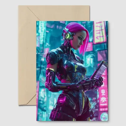 Cyberpunk Female Robot Pink Neon City