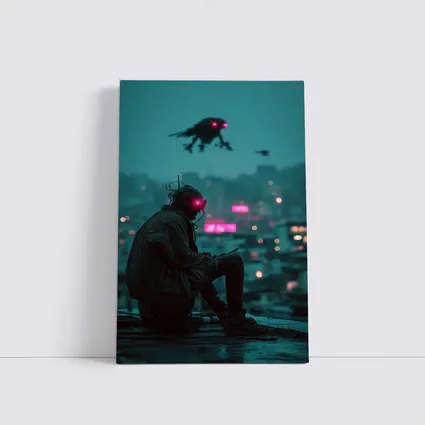 Cyberpunk Figure Sitting On Rainy City Rooftop