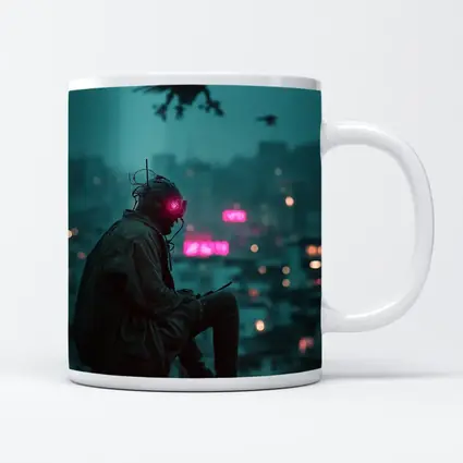 Cyberpunk Figure Sitting On Rainy City Rooftop