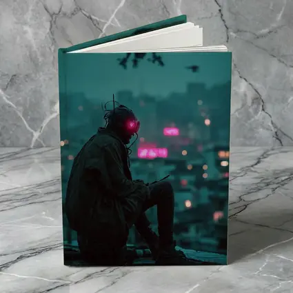 Cyberpunk Figure Sitting On Rainy City Rooftop
