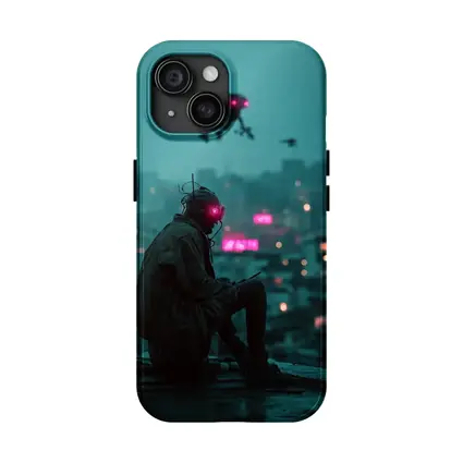 Cyberpunk Figure Sitting On Rainy City Rooftop