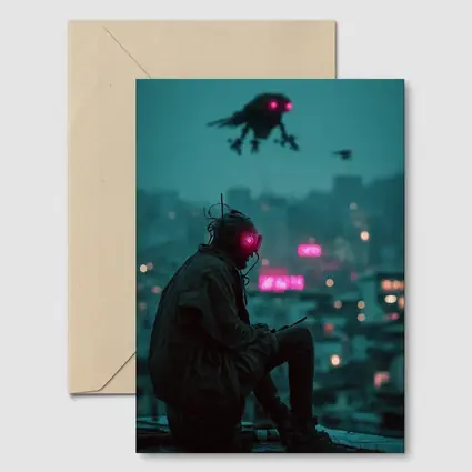 Cyberpunk Figure Sitting On Rainy City Rooftop