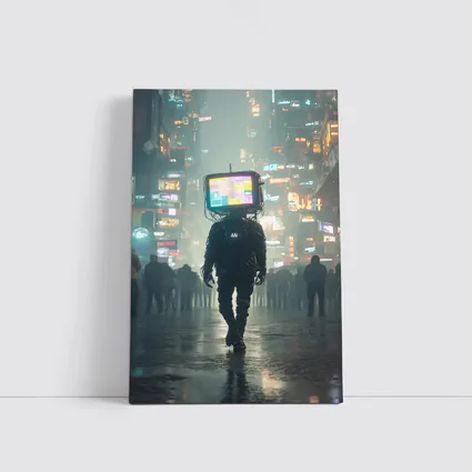 TV Head Figure Walking Cyberpunk City Night