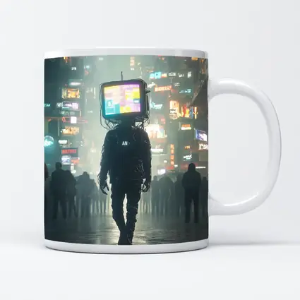 TV Head Figure Walking Cyberpunk City Night