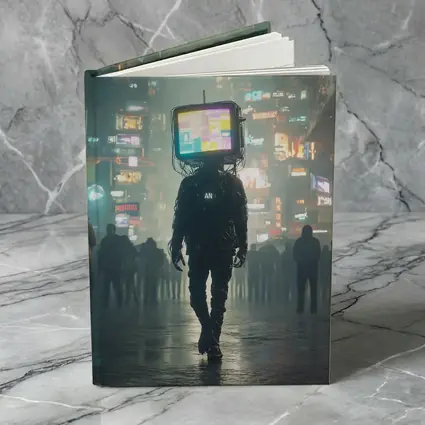 TV Head Figure Walking Cyberpunk City Night