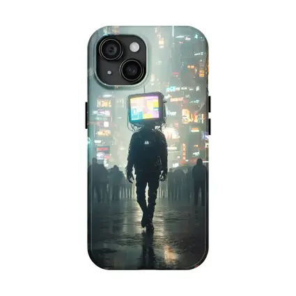 TV Head Figure Walking Cyberpunk City Night