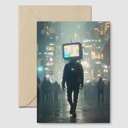 TV Head Figure Walking Cyberpunk City Night