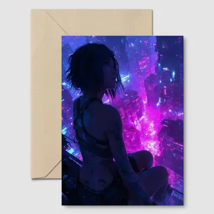 Anime Girl Overlooking Neon Cyberpunk City