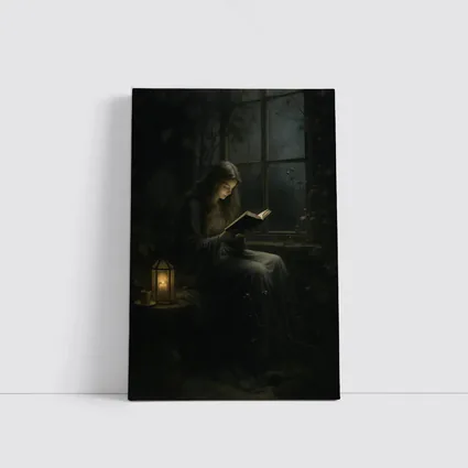 Girl Reading Book By Candlelight Window
