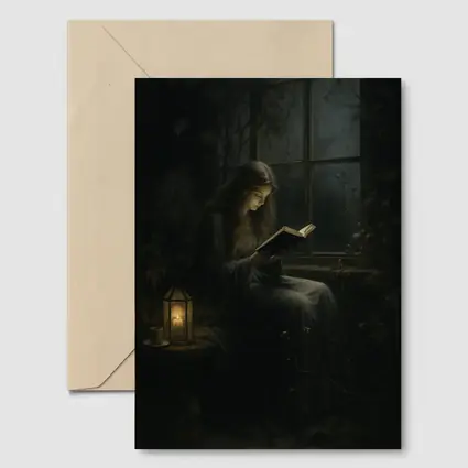 Girl Reading Book By Candlelight Window