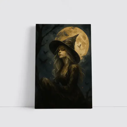 Witch Girl Full Moon Night Oil Painting