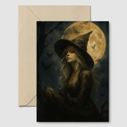 Witch Girl Full Moon Night Oil Painting