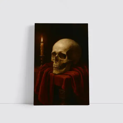Skull Candlelight Red Velvet Dark Oil Painting