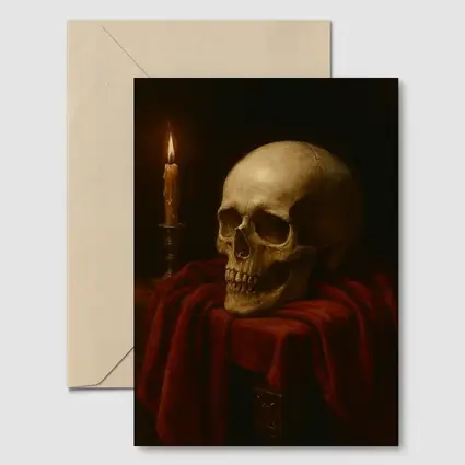 Skull Candlelight Red Velvet Dark Oil Painting