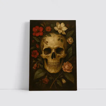 Skull With Red Roses Floral Dark Painting