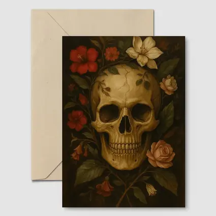 Skull With Red Roses Floral Dark Painting