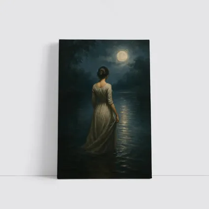 Woman in White Dress Moonlit Water Oil Painting