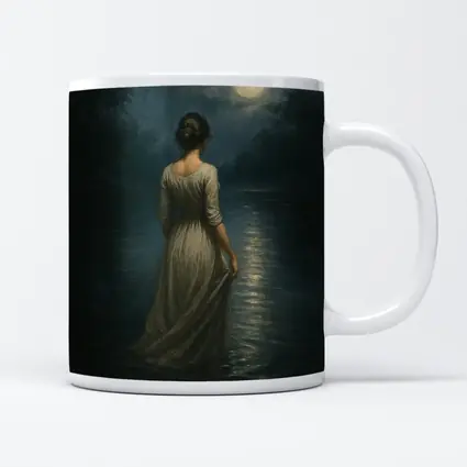 Woman in White Dress Moonlit Water Oil Painting