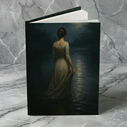 Woman in White Dress Moonlit Water Oil Painting