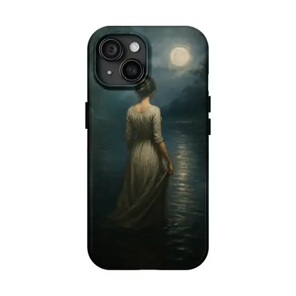 Woman in White Dress Moonlit Water Oil Painting