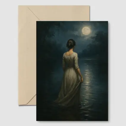 Woman in White Dress Moonlit Water Oil Painting