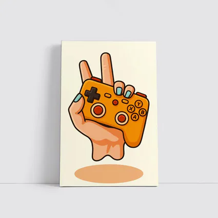 Hand Holding Orange Gaming Controller Peace Sign