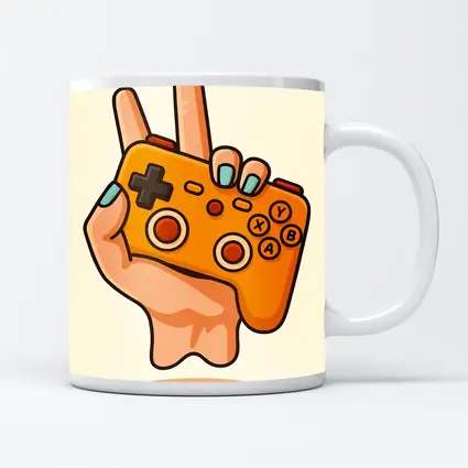 Hand Holding Orange Gaming Controller Peace Sign
