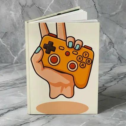 Hand Holding Orange Gaming Controller Peace Sign