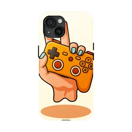 Hand Holding Orange Gaming Controller Peace Sign