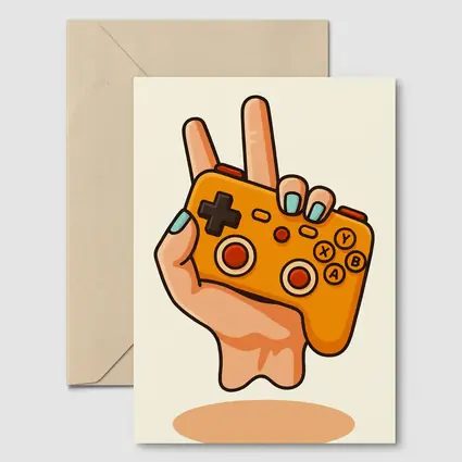Hand Holding Orange Gaming Controller Peace Sign