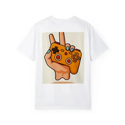 Hand Holding Orange Gaming Controller Peace Sign