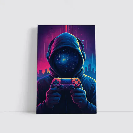Hooded Gamer Neon City Night Sky