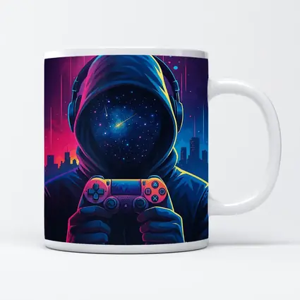Hooded Gamer Neon City Night Sky