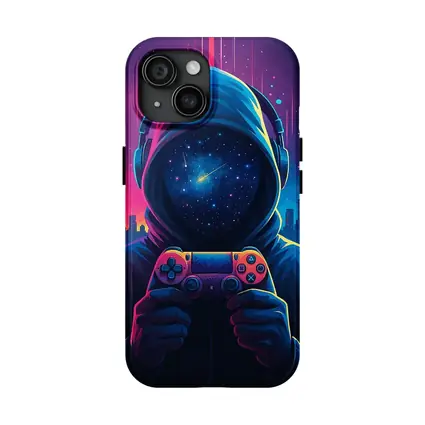 Hooded Gamer Neon City Night Sky