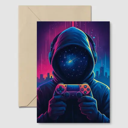 Hooded Gamer Neon City Night Sky